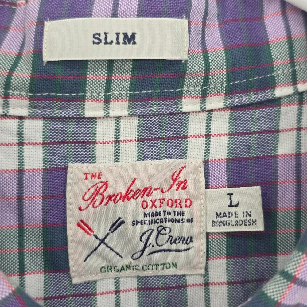 J.Crew Mens Large Slim Broken-In Oxford Plaid Purple Green Button Down Shirt